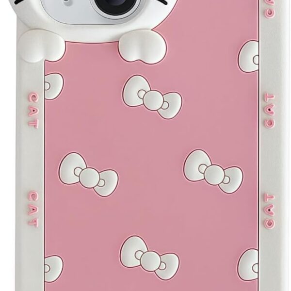 Cute Phone Case, Cartoon Bow Cat Soft Silicone Cute Retro Phone Case (Pink)
