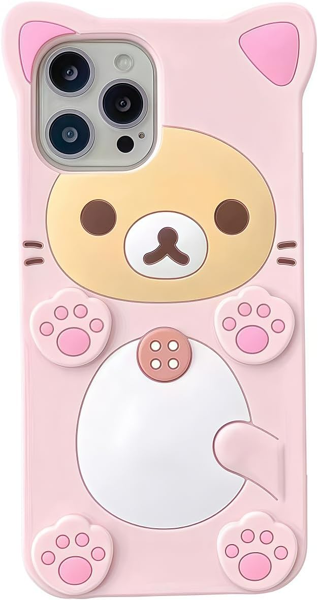 Cute kawaii 3D phone case, cartoon pink bear design, stylish and cool, soft TPU protective case, silicone case, suitable for girls, women and children, pink