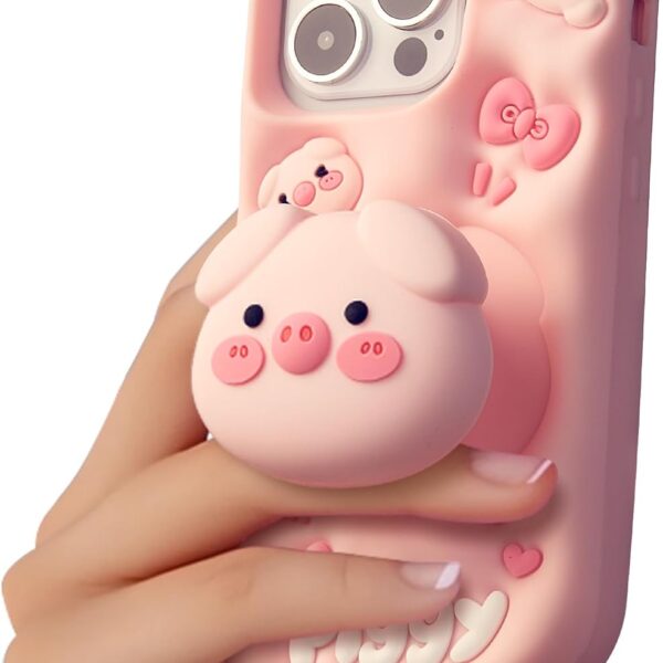 Cute 3D pig pop up stand phone cases, cute cartoon animal phone cases, suitable for girls, boys, children, teenagers and women, pink 