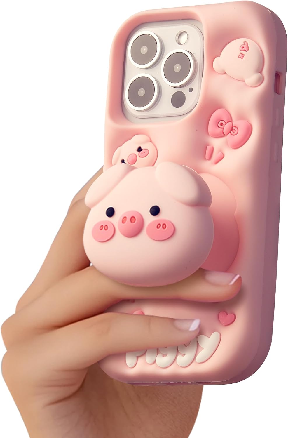 Cute 3D pig pop up stand phone cases, cute cartoon animal phone cases, suitable for girls, boys, children, teenagers and women, pink