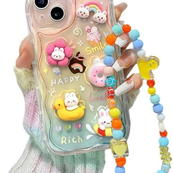 Cute Colorful Rainbow Rabbit Duck Kawaii Cartoon Animal Wristband Bracelet, Soft Shockproof Phone Case (Pink)