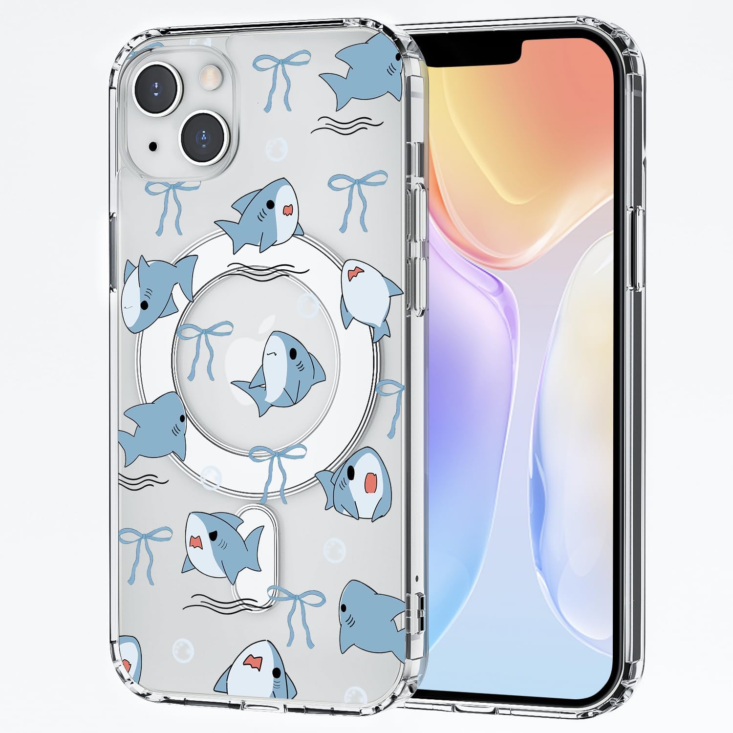 Magnetic Cute Bow Shark Phone Case, Cartoon Animal Transparent Phone Case, Compatible with Wireless Phones, Ultra Thin Kawaii Ocean Phone Case, Anti Yellowing and Shockproof Protective Case, Suitable for Women and Girls
