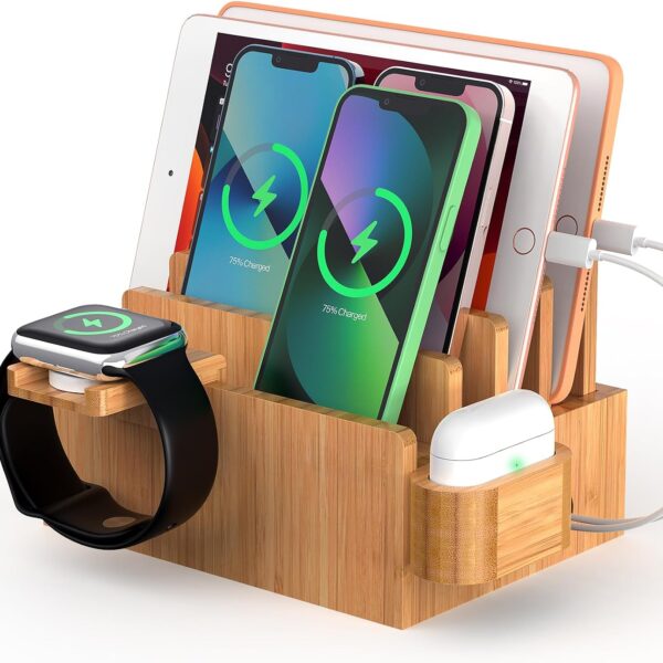 Bamboo multi device charging and storage stand