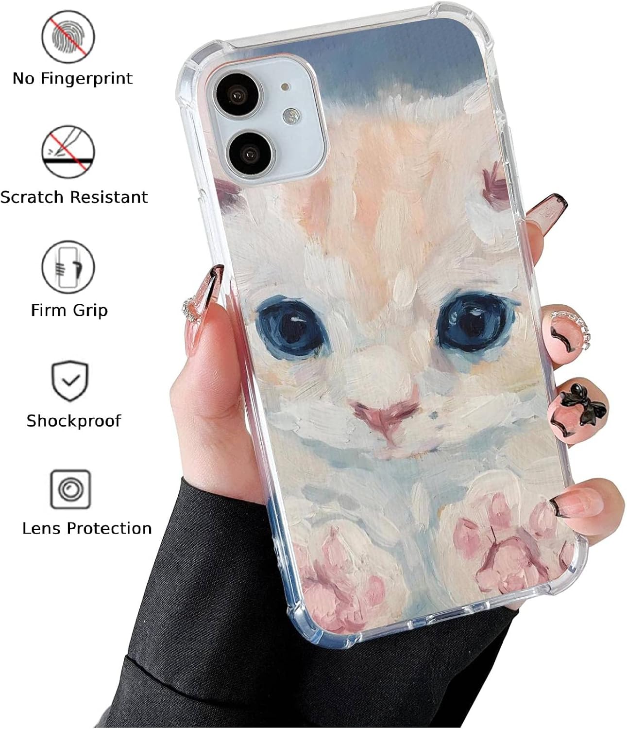 Cute cat painted phone cases, white animal fashion cool unisex phone cases, silicone shockproof TPU frame protective cases Image 2