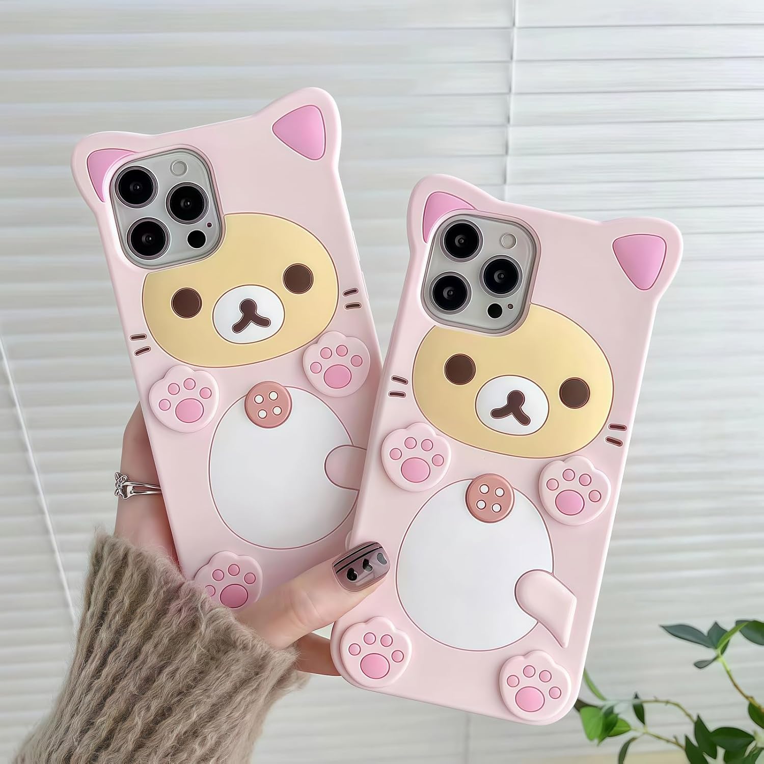 Cute kawaii 3D phone case, cartoon pink bear design, stylish and cool, soft TPU protective case, silicone case, suitable for girls, women and children, pink Image 2