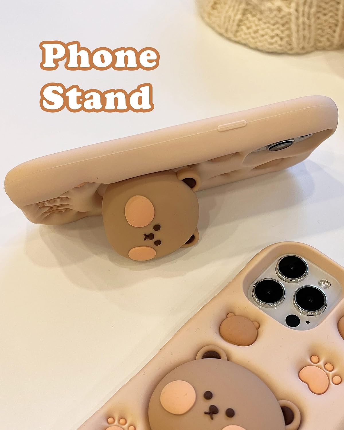 Kawaii 3D teddy bear phone case (with stand and grip), cute girl cartoon animal phone case, suitable for girls, boys, children, teens and women, tan Image 2