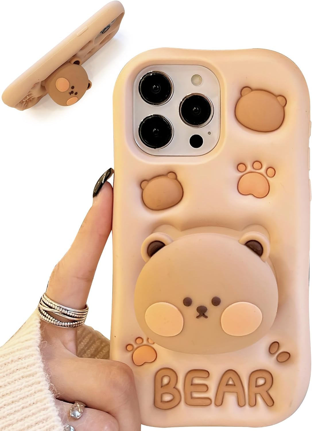 Kawaii 3D teddy bear phone case (with stand and grip), cute girl cartoon animal phone case, suitable for girls, boys, children, teens and women, tan